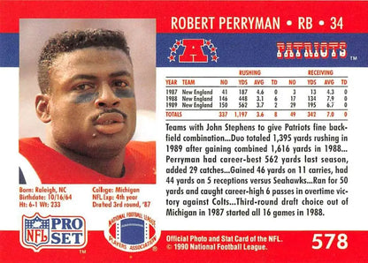 Vintage NFL football card of Robert Perryman, New England Patriots running back