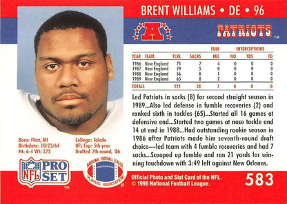 1990 Pro Set Brent Williams football card featuring New England Patriots defensive player