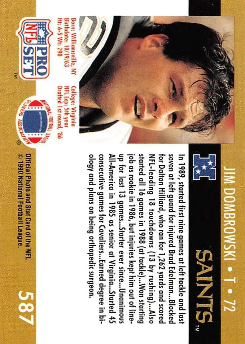 Football card of Jim Dombrowski in black jersey for New Orleans Saints