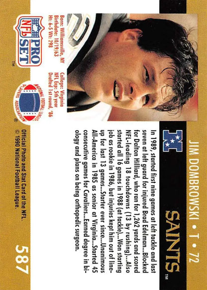 Football card of Jim Dombrowski in black jersey for New Orleans Saints
