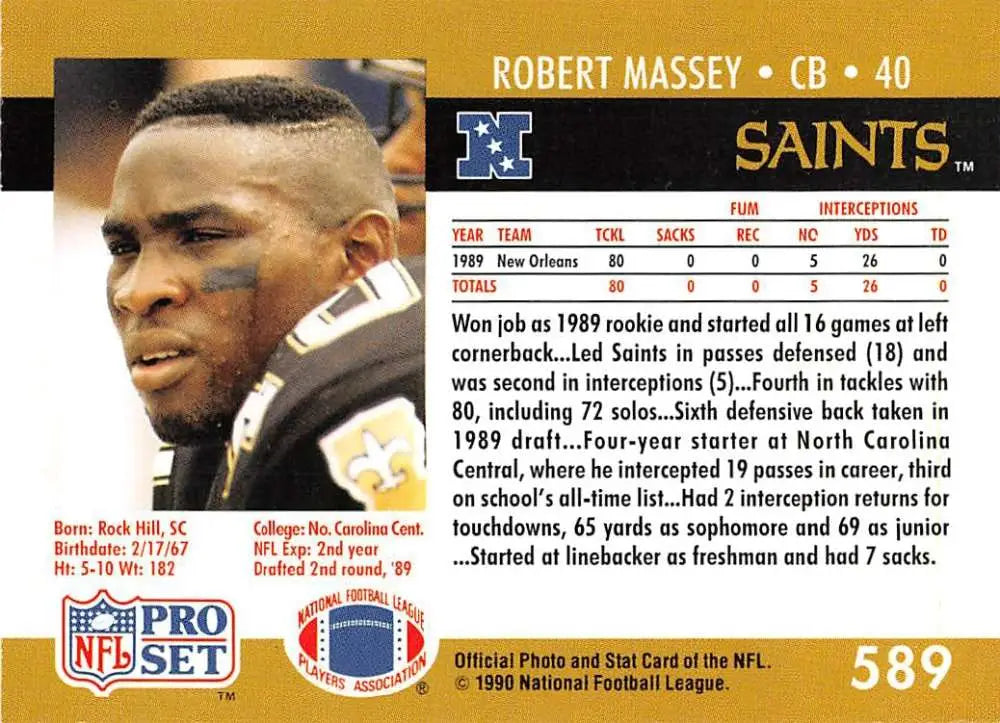 1990 Pro Set Robert Massey New Orleans Saints trading card featuring cornerback action