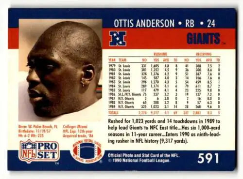 1990 Pro Set #591 Ottis Anderson New York Giants football card with original gloss
