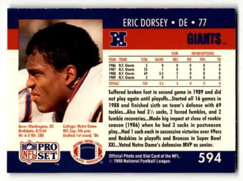 1990 Pro Set Eric Dorsey New York Giants Football Card with original gloss quality