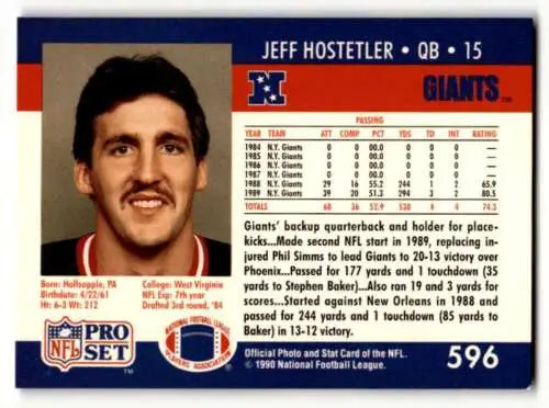 Jeff Hostetler New York Giants football card with original gloss from 1990 Pro Set