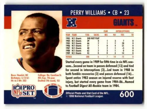 Perry Williams 1990 Pro Set #600 New York Giants football card original gloss