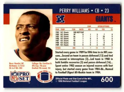 Perry Williams 1990 Pro Set #600 New York Giants football card original gloss