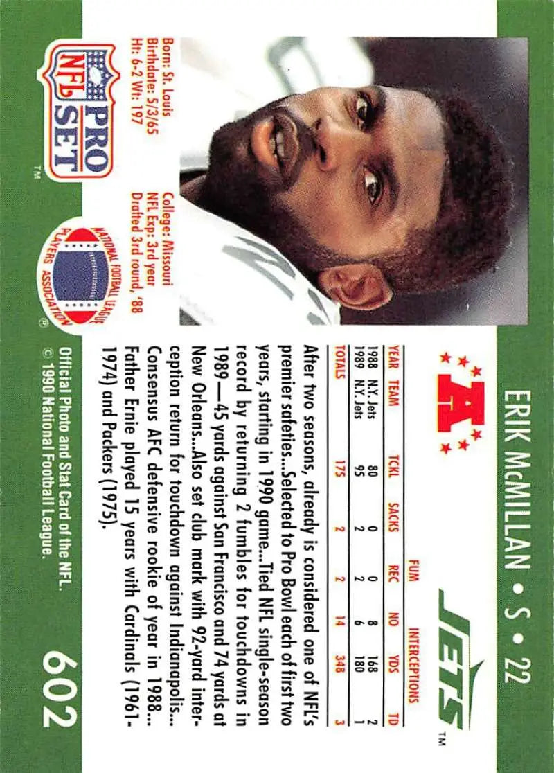 NFL trading card of Erik McMillan from the New York Jets Football Pro Set collection