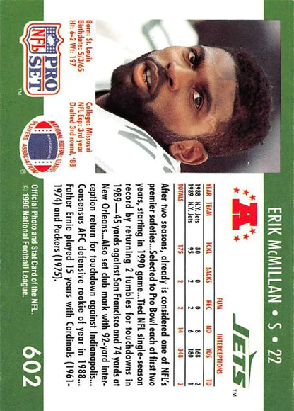 NFL trading card of Erik McMillan from the New York Jets Football Pro Set collection