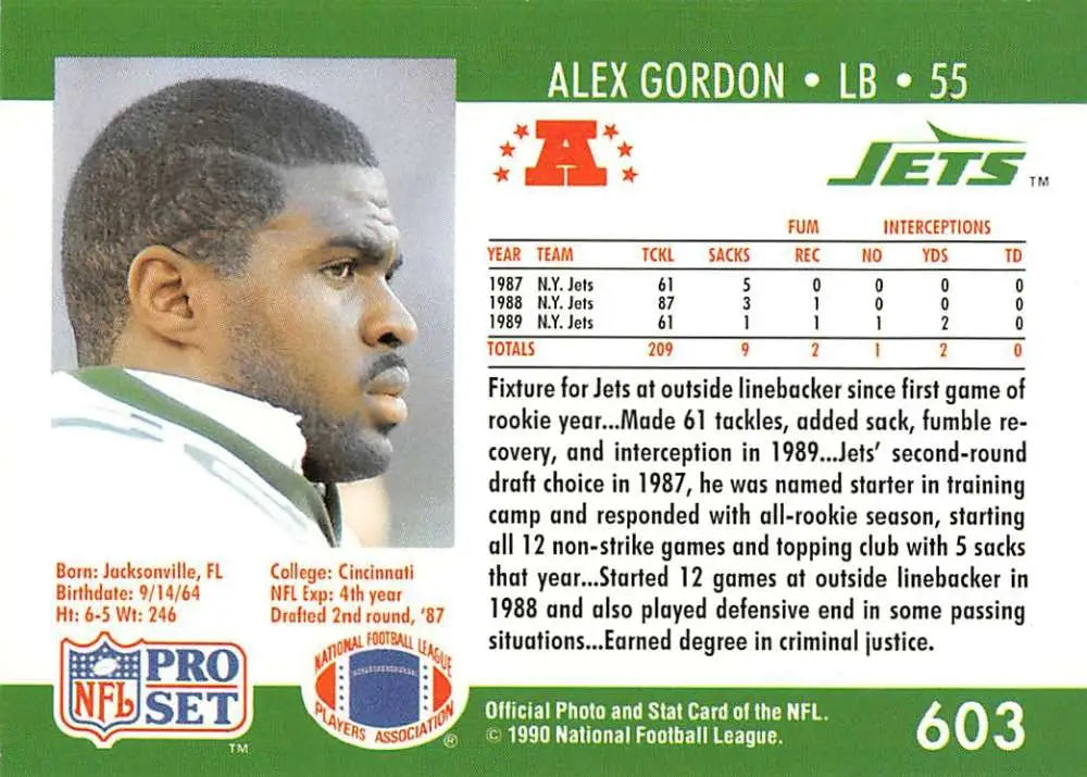 NFL trading card of Alex Gordon, New York Jets linebacker on green background