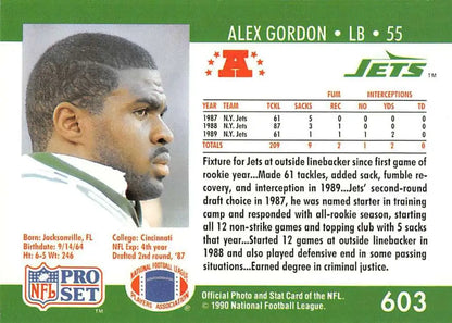 NFL trading card of Alex Gordon, New York Jets linebacker on green background