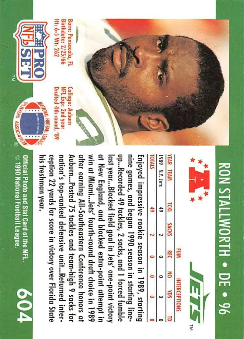 NFL Pro Set trading card of Ron Stallworth, New York Jets football card from the 1990s