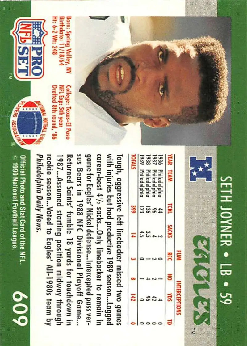 NFL trading card of Seth Joyner from the Philadelphia Eagles, 1990 Pro Set #609
