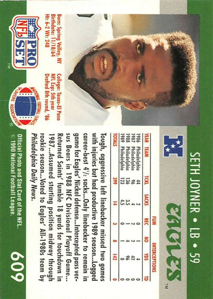 NFL trading card of Seth Joyner from the Philadelphia Eagles, 1990 Pro Set #609