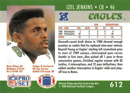 1990 Pro Set #612 Izel Jenkins Rookie Card for Philadelphia Eagles Football collectors