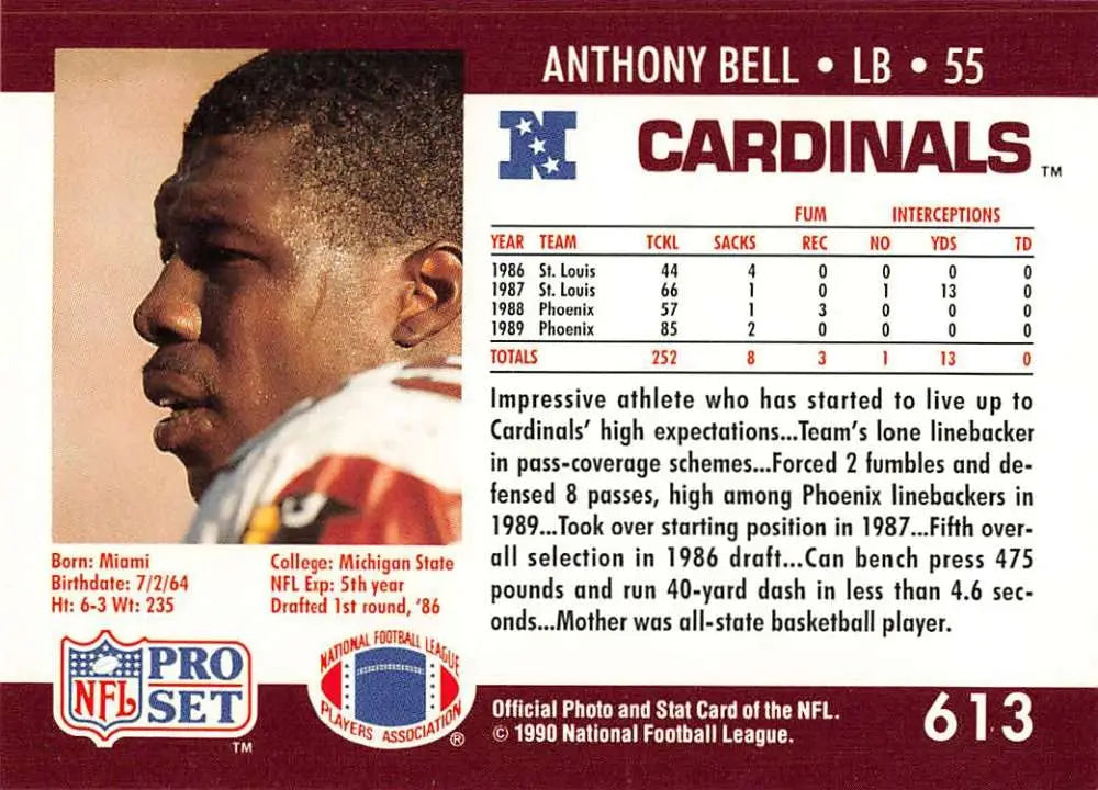 Anthony Bell 1990 Pro Set Football Card featuring Phoenix Cardinals linebacker