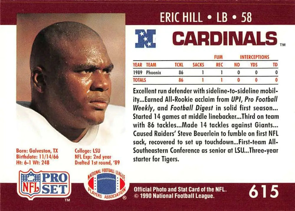Eric Hill Pro Set trading card featuring Cardinals linebacker from LSU