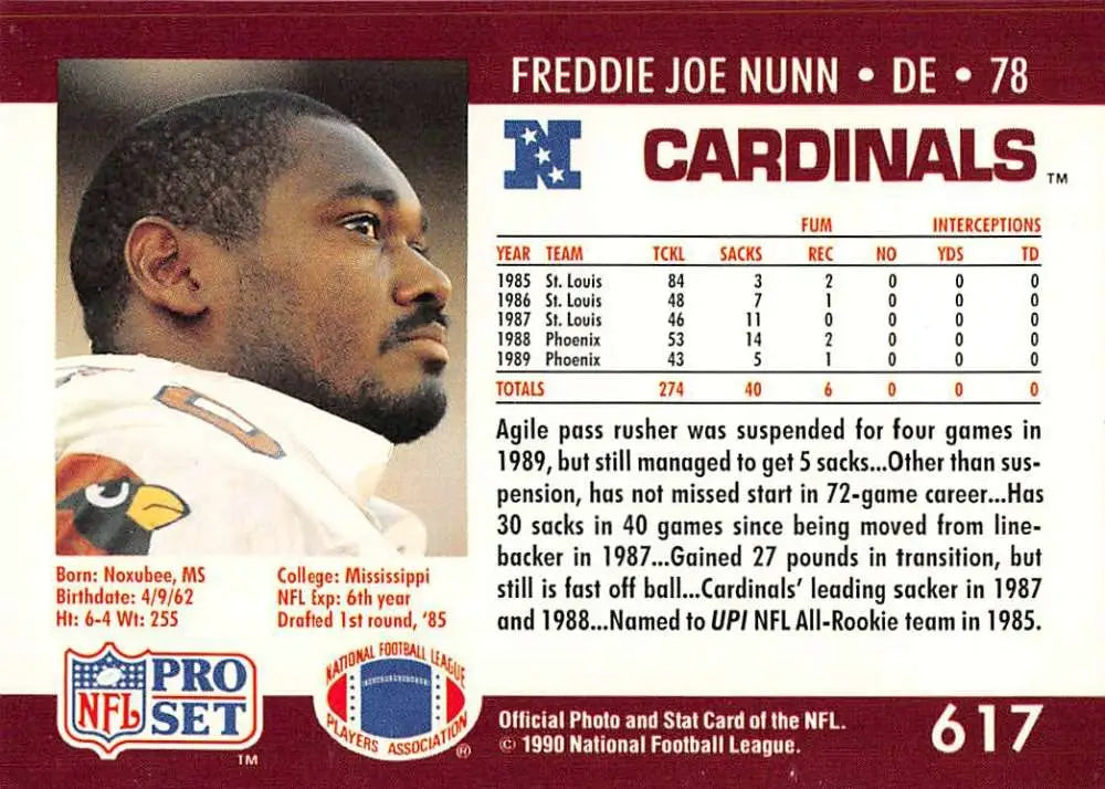 NFL trading card of Freddie Joe Nunn, #78, Phoenix Cardinals Pro Set collection