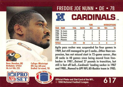 NFL trading card of Freddie Joe Nunn, #78, Phoenix Cardinals Pro Set collection