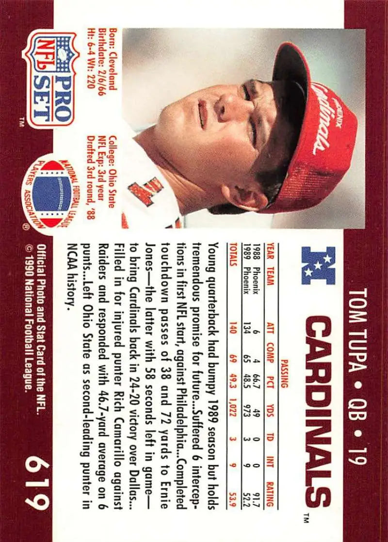 NFL Pro Set trading card of Tom Tupa, rookie Phoenix Cardinals player in red cap