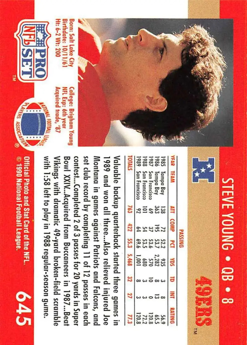 Vintage NFL Pro Set football card featuring Steve Young, San Francisco 49ers red borders