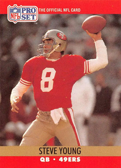 NFL Pro Set trading card of Steve Young in red San Francisco 49ers jersey number 8