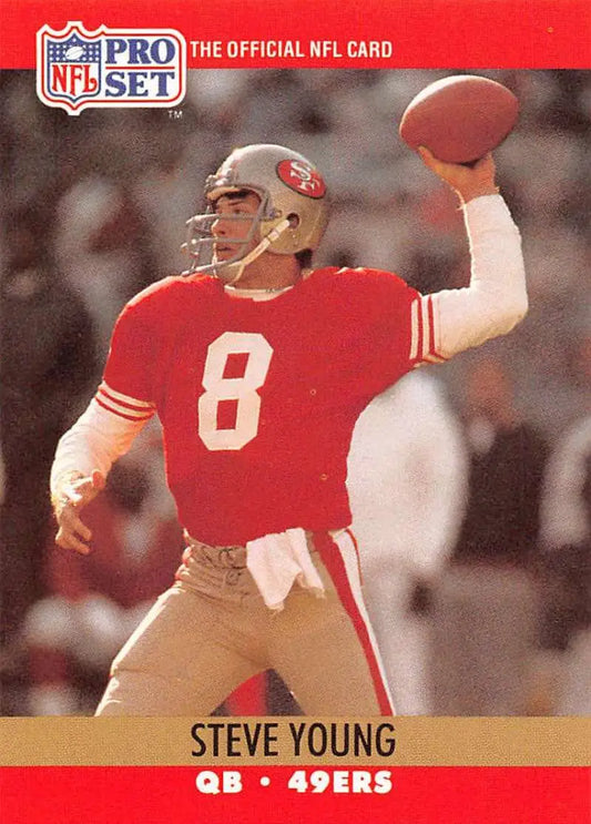 NFL Pro Set trading card of Steve Young in red San Francisco 49ers jersey number 8