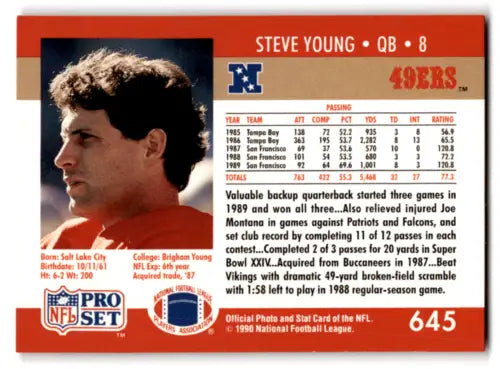 Steve Young 1990 Pro Set #645 football card in near mint condition with original gloss