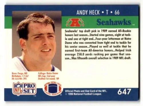 Andy Heck Seattle Seahawks football card from 1990 Pro Set with original gloss quality