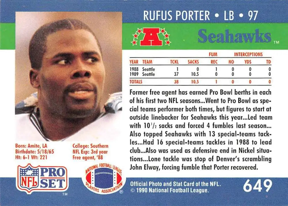 1990 Pro Set football card of Rufus Porter, Seattle Seahawks linebacker