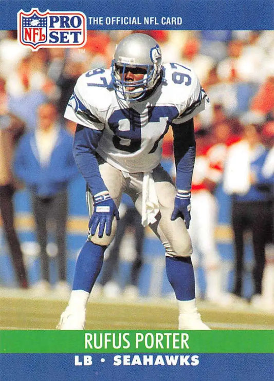 NFL Pro Set football card of Rufus Porter, Seattle Seahawks linebacker in defensive stance