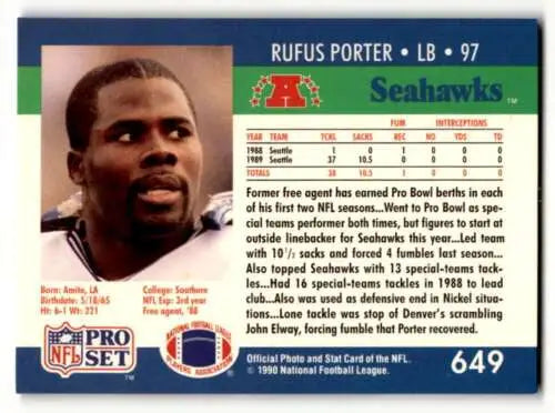 Rufus Porter Seattle Seahawks football card from 1990 Pro Set original gloss EX/NM