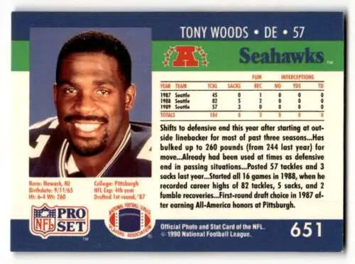 Tony Woods Seattle Seahawks football card from 1990 Pro Set with original gloss