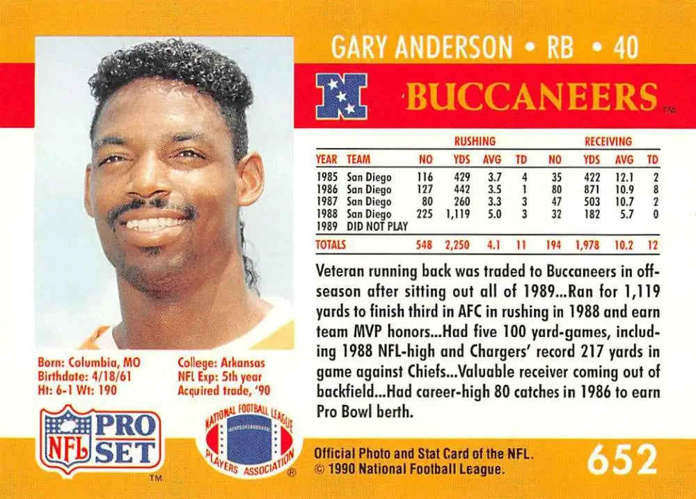 NFL Pro Set football card of Gary Anderson, Tampa Bay Buccaneers running back from 1990