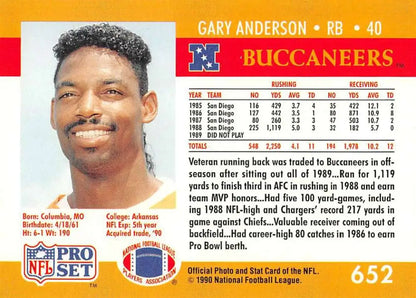NFL Pro Set football card of Gary Anderson, Tampa Bay Buccaneers running back from 1990