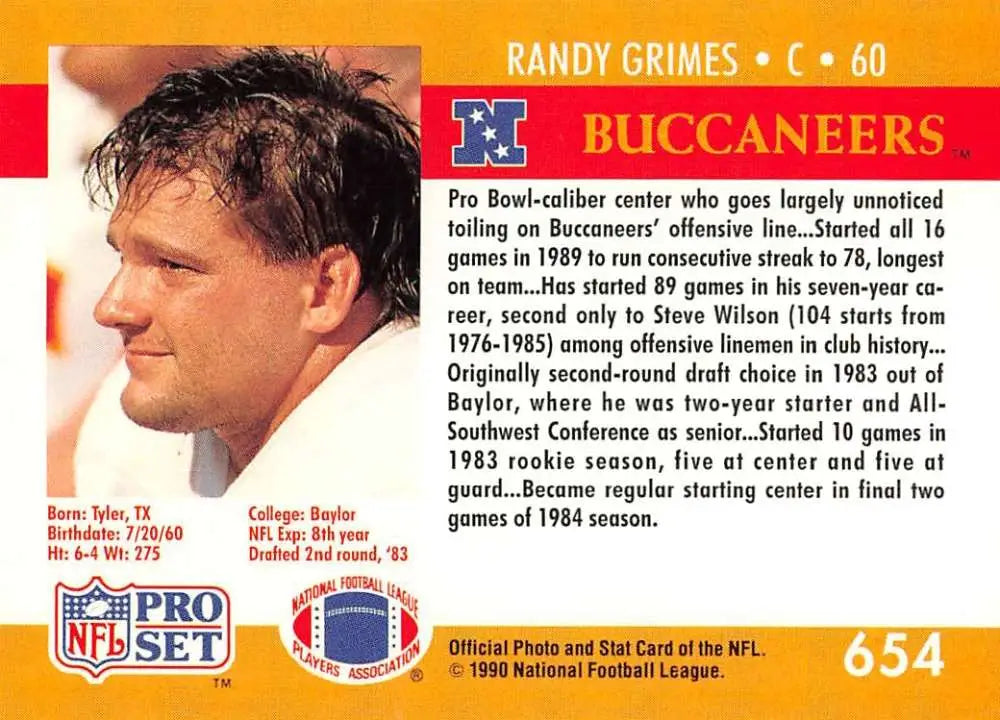 NFL Pro Set football card of Randy Grimes, Tampa Bay Buccaneers player number 60