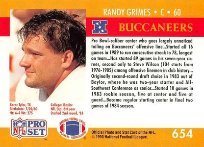 NFL Pro Set football card of Randy Grimes, Tampa Bay Buccaneers player number 60