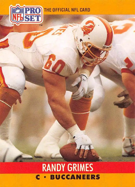 NFL Pro Set trading card of Randy Grimes, Tampa Bay Buccaneers center in white uniform