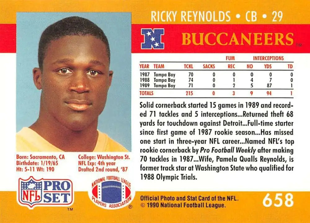 NFL Pro Set football card featuring Ricky Reynolds of the Tampa Bay Buccaneers, 1990