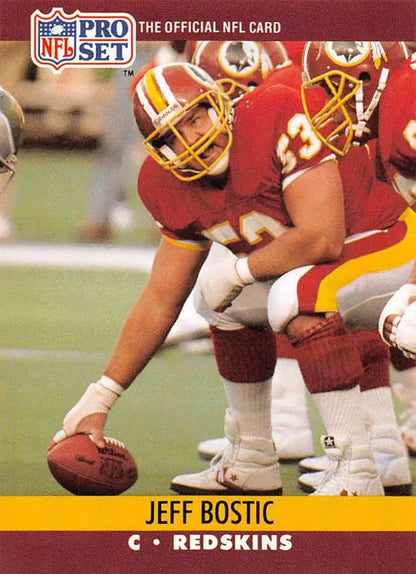 NFL Pro Set trading card of Jeff Bostic, Washington Redskins center snapping football