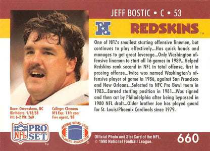 Jeff Bostic 1990 Pro Set #660 Washington Redskins Football Card in NM-MT condition