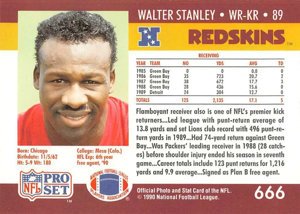 Walter Stanley Washington Redskins Football Card from 1990 Pro Set #666 NM-MT