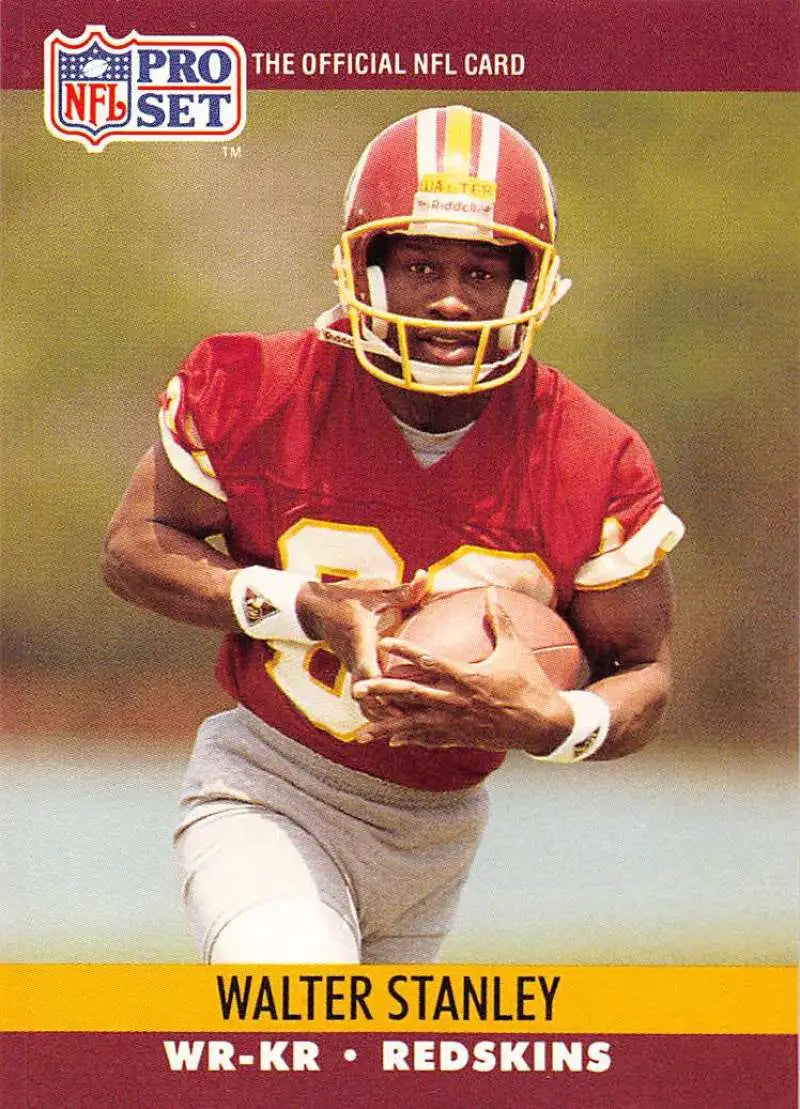 Walter Stanley in red jersey carrying ball on 1990 Pro Set Washington Redskins football card