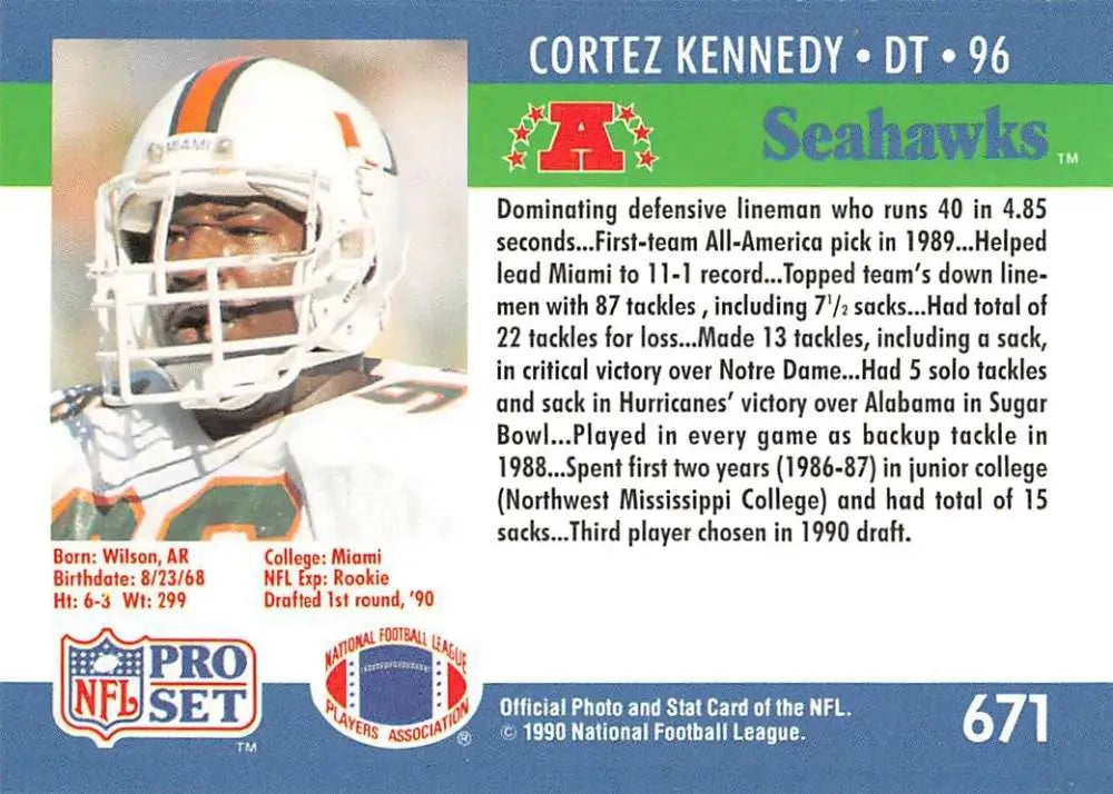 Football trading card of Cortez Kennedy, a rookie from Pro Set, with a Miami Hurricanes helmet