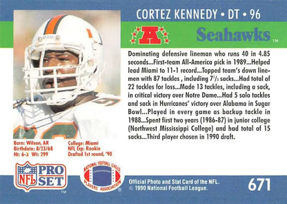 Football trading card of Cortez Kennedy, a rookie from Pro Set, with a Miami Hurricanes helmet
