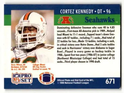 Original gloss Cortez Kennedy Seattle Seahawks football card 1990 Pro Set #671