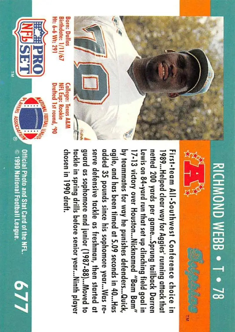 1990 Pro Set #677 Richmond Webb Miami Dolphins Football Card in white jersey 70