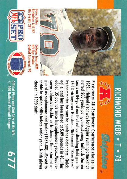 1990 Pro Set #677 Richmond Webb Miami Dolphins Football Card in white jersey 70