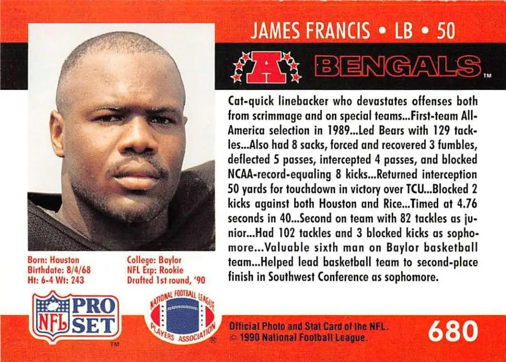 NFL trading card of James Francis, Cincinnati Bengals, from the 1990 Pro Set collection