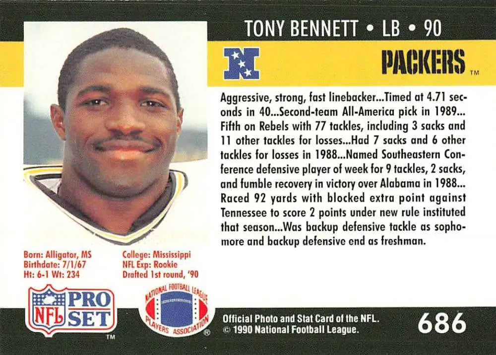 Tony Bennett football card featuring Green Bay Packers linebacker in yellow jersey