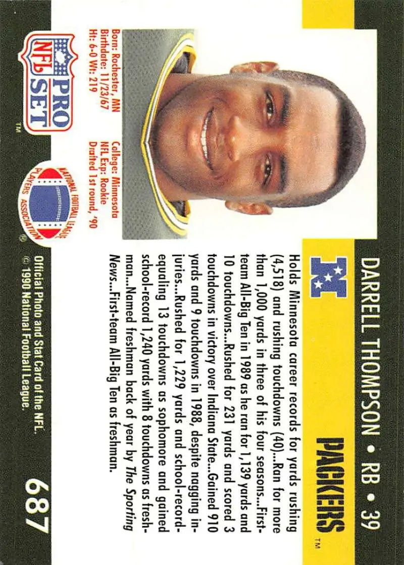 NFL Pro Set trading card of Darrell Thompson, Green Bay Packers rookie from 1990